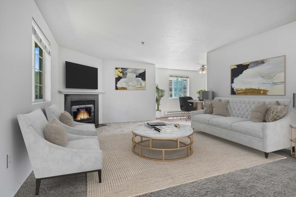 Spacious living room and fire place at Renaissance at 29th Apartments in Vancouver, Washington