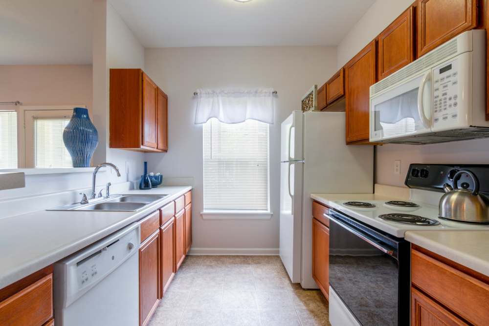 Beautiful kitchen area at Cornerstone Apartments in Independence, Missouri. 