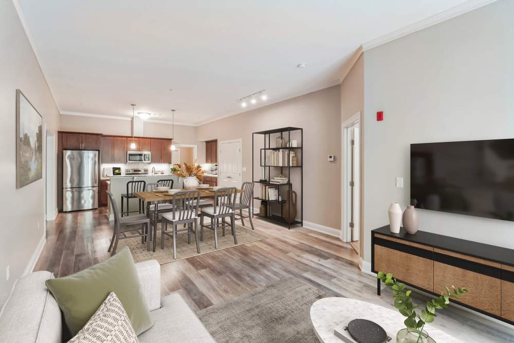 Living room with hardwood flooring at Highcroft Apartment Homes in Simsbury, Connecticut