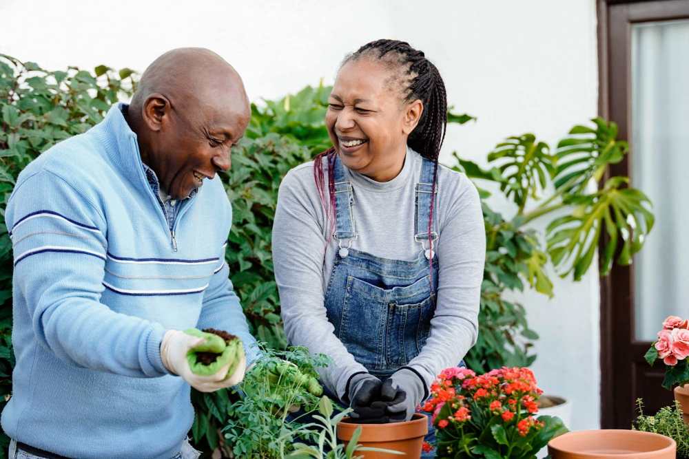 Residents gardening at Watermere Highlands in Arlington, Texas