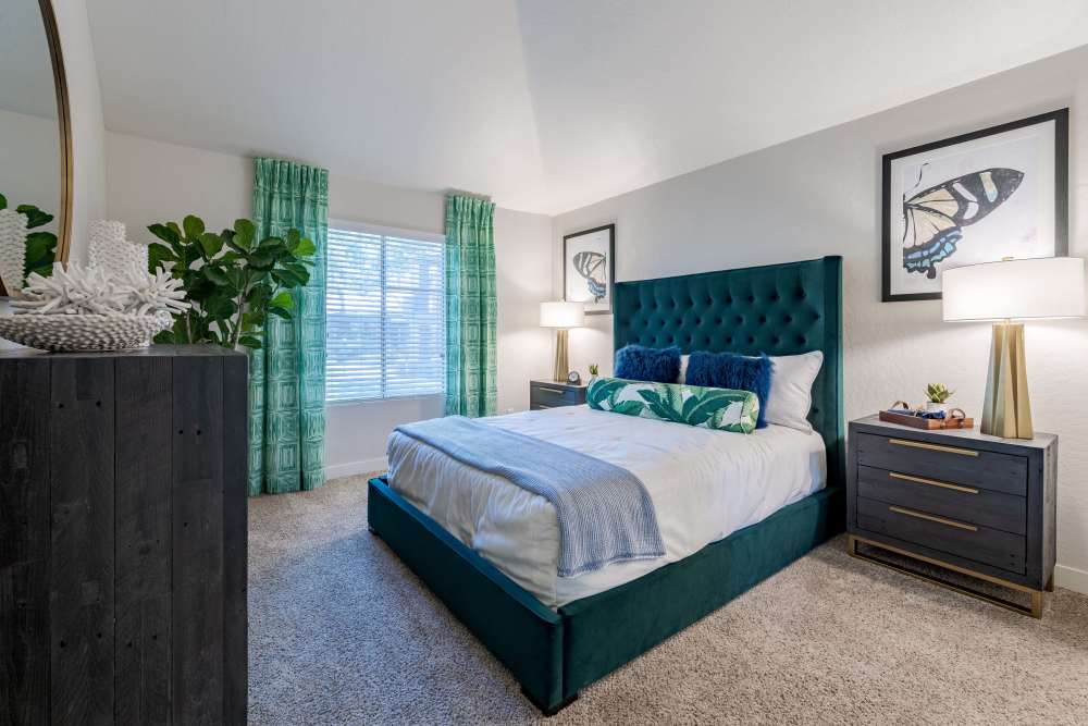 Beautifully designed bedroom at Crestone at Shadow Mountain in Phoenix, Arizona