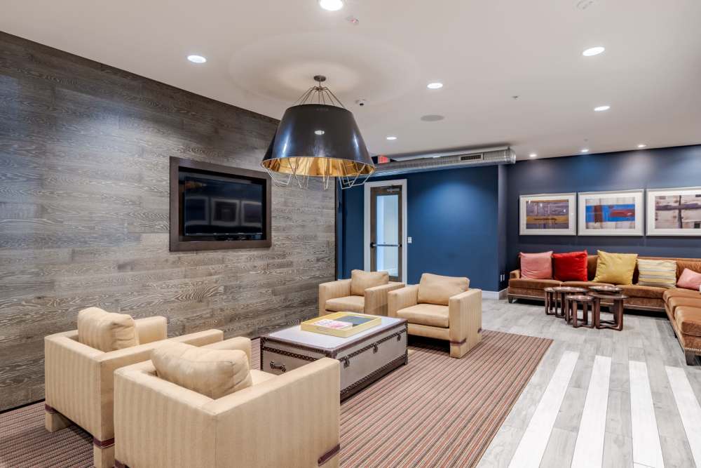 Nice open lobby area with a fireplace at Echelon at Odenton in Odenton, Maryland