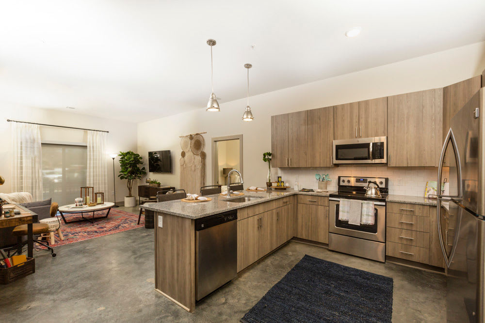 Kitchen and living room in a model home at Beacon Station in Augusta, Georgia