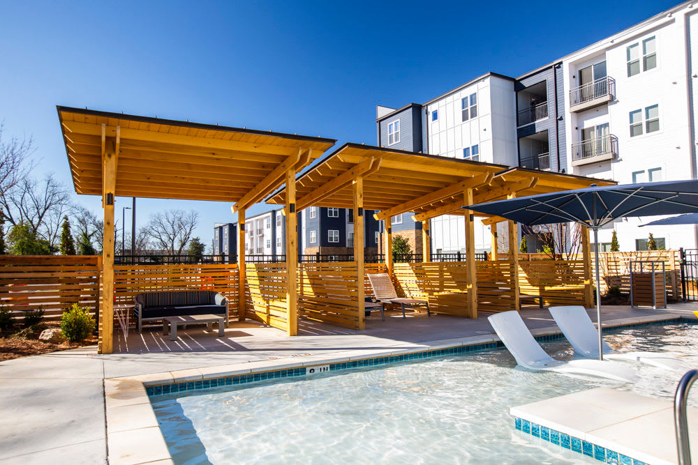 Shaded cabanas near our swimming pool at Beacon Station in Augusta, Georgia