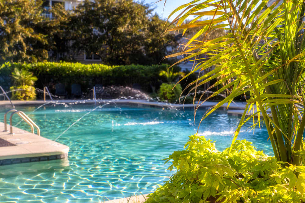 Swimming pool with water features at The Grove at Oakbrook in Summerville, South Carolina