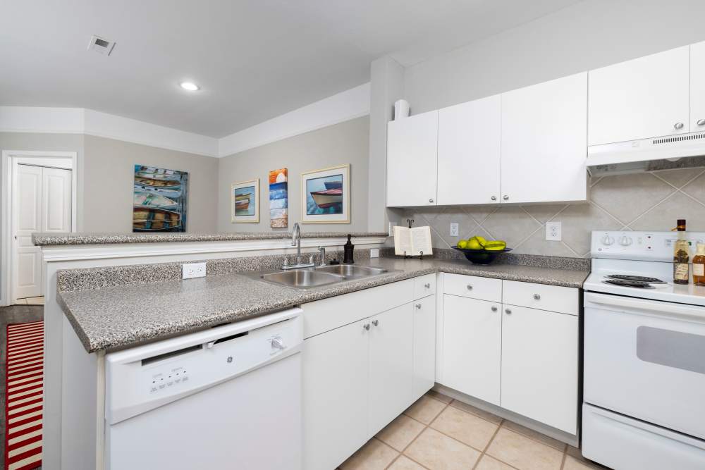 Kitchen and living area in a model home at The Grove at Oakbrook in Summerville, South Carolina