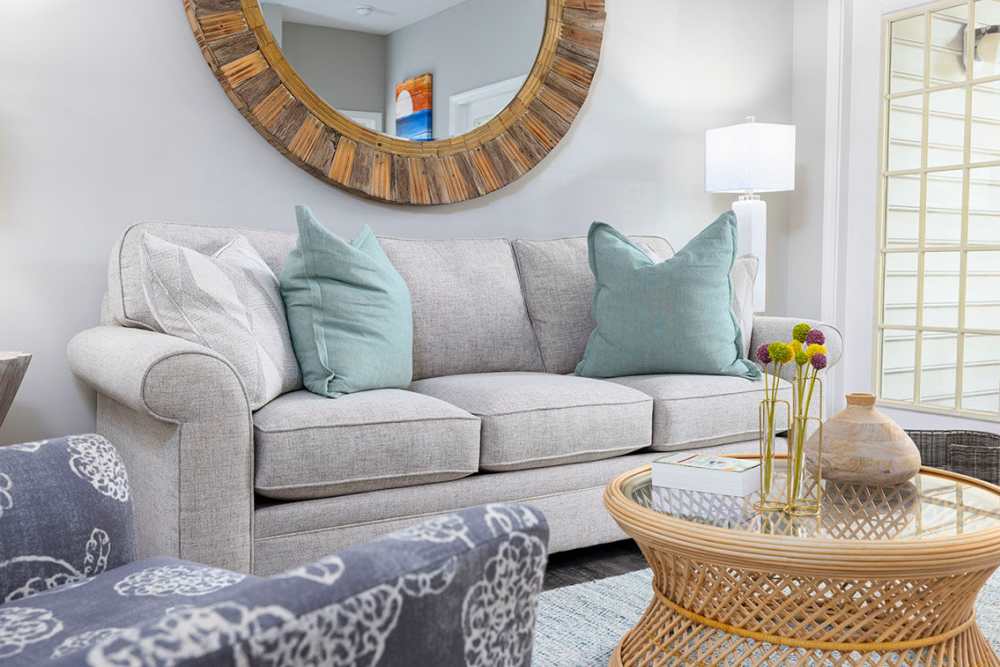 Cozy couch in the living room of a model apartment at Heron Reserve in Charleston, South Carolina