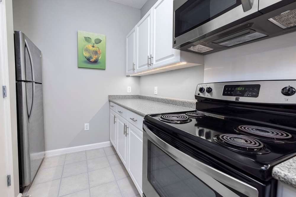 Kitchen with stainless-steel appliances in a model home at Heron Reserve in Charleston, South Carolina