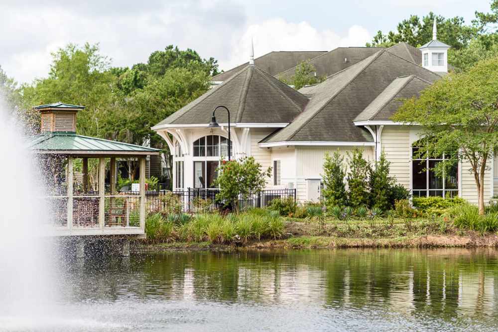 Water fountain feature and exterior of our apartments at Heron Reserve in Charleston, South Carolina