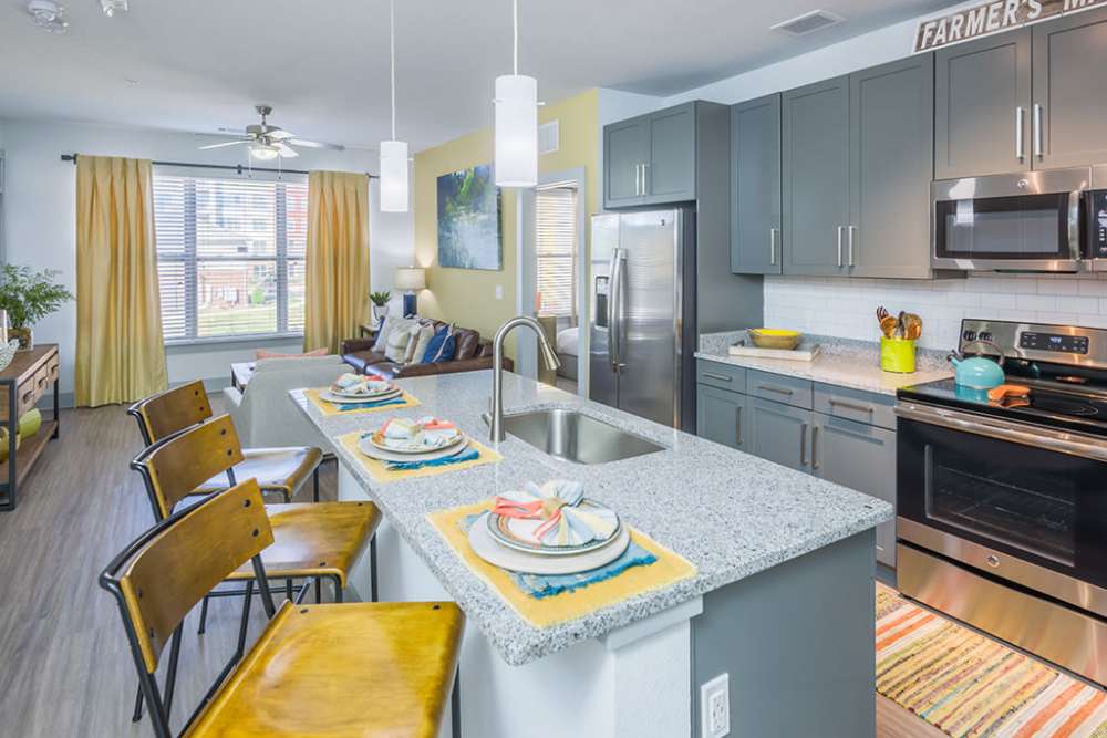 Kitchen with bar seating in a model home at The District in Asheville, North Carolina