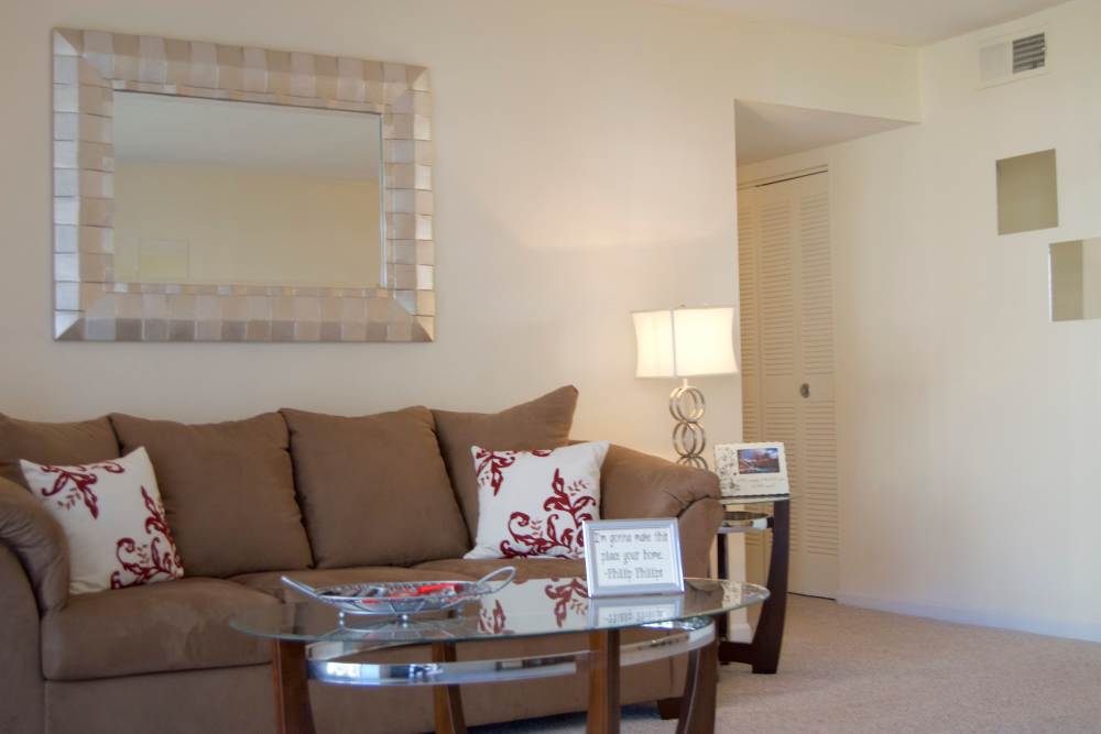 Cozy couch in the living room of a model home at Cambridge Apartments in Athens, Georgia