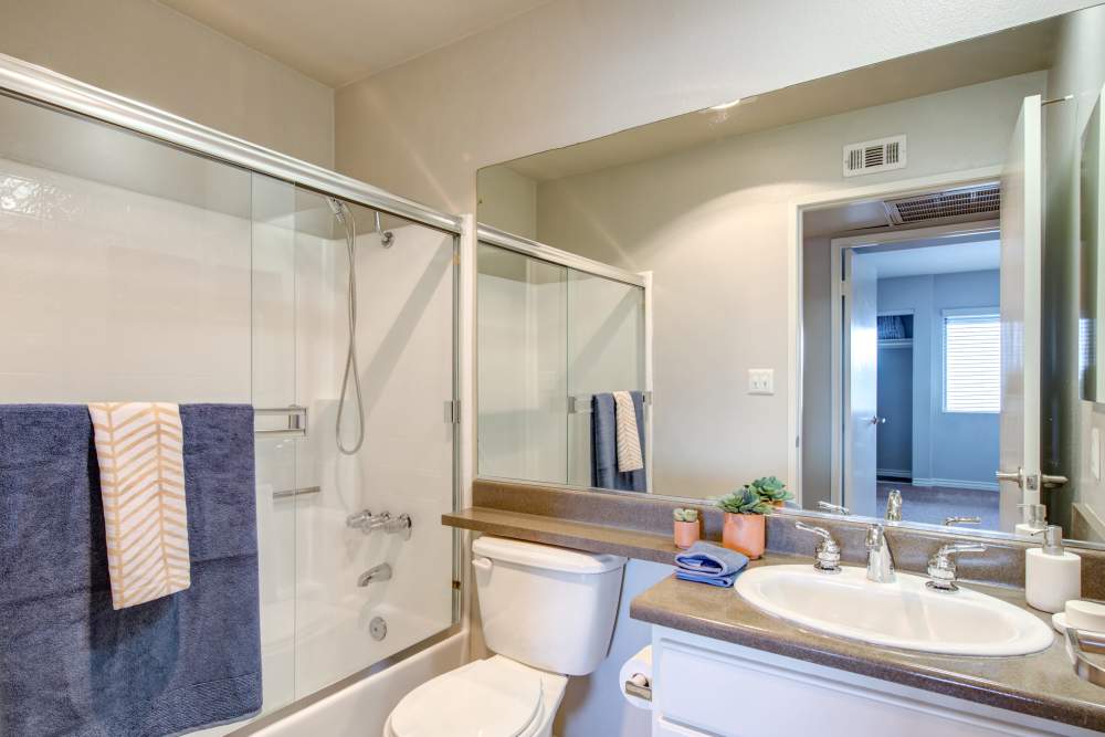 A cozy apartment bathroom at Vue at Laurel Canyon in Valley Village, California