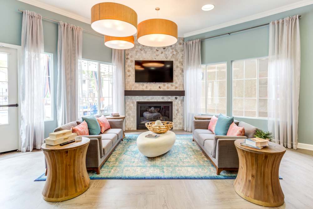 Fireplace in the clubhouse at Waterstone Media Center in Burbank, California
