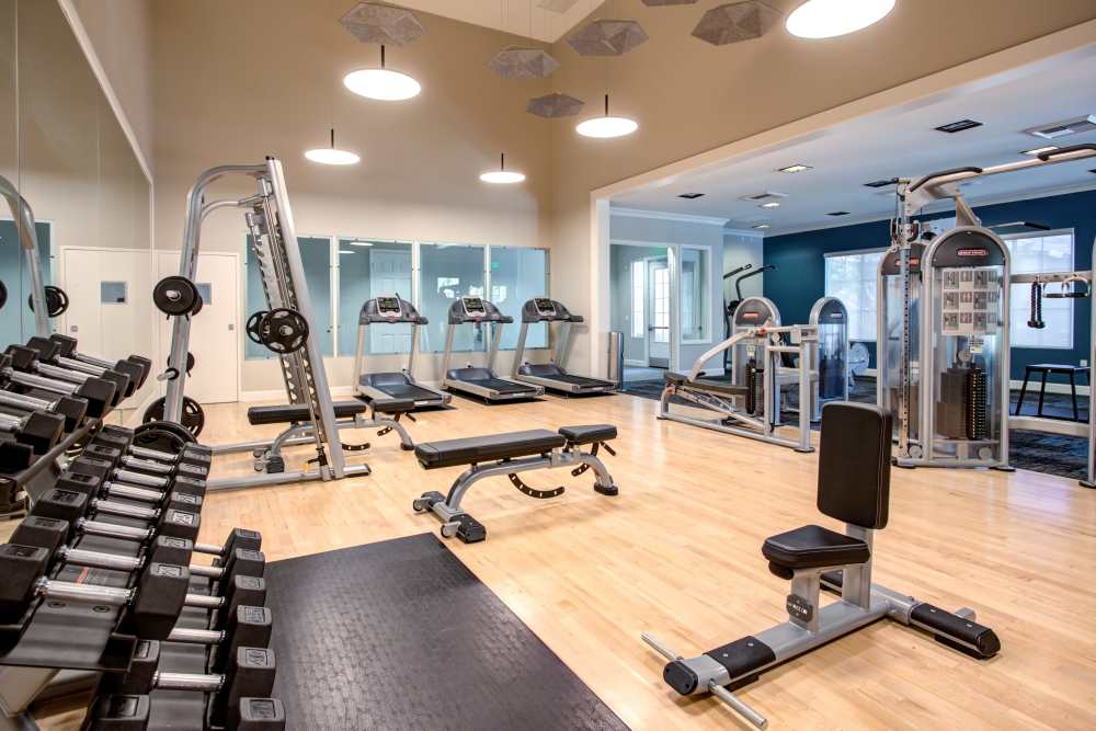 Weights in the fitness center at Waterstone Media Center in Burbank, California