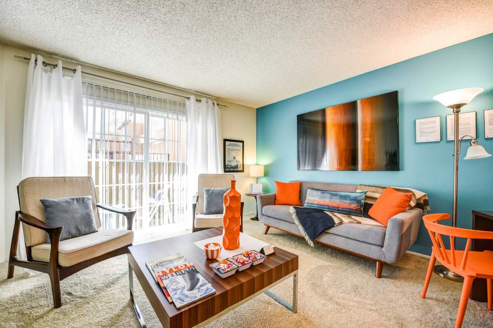 Furnished living room in a home at Waterstone Media Center in Burbank, California