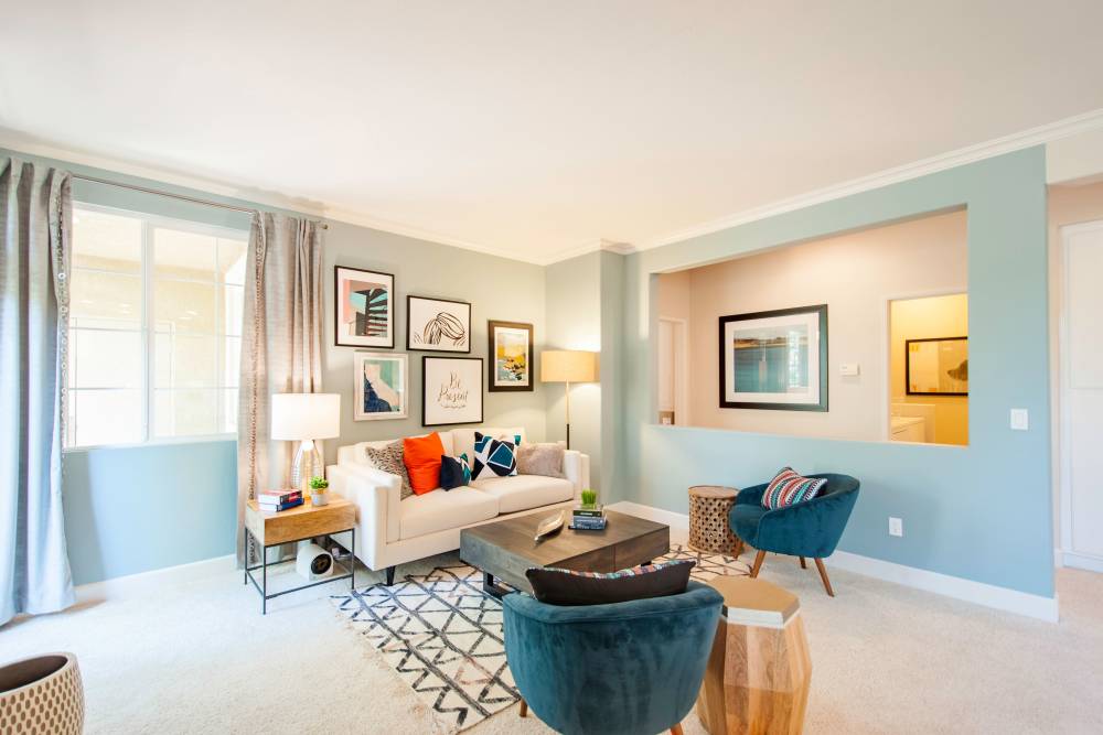 Bright accents walls in a home at Waterstone Media Center in Burbank, California