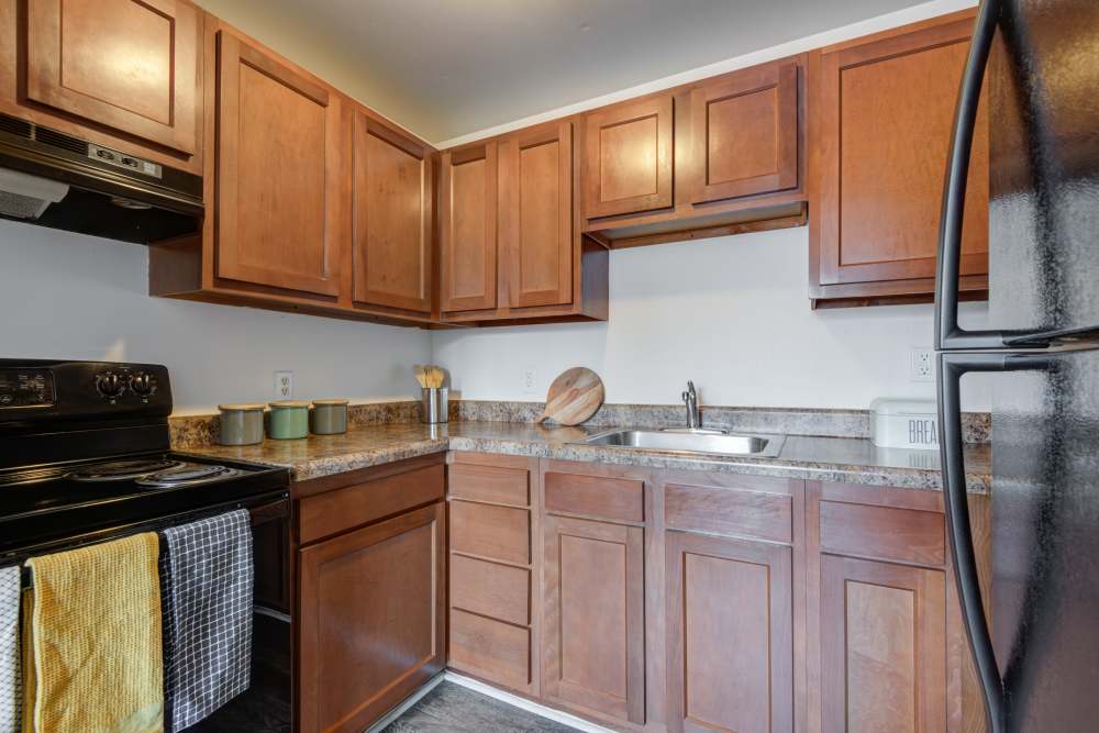 Kitchen with black appliance at Dixon Manor in Rochester, New York