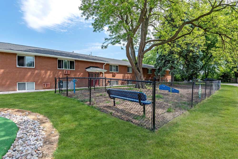 fenced dog park with agility equipment