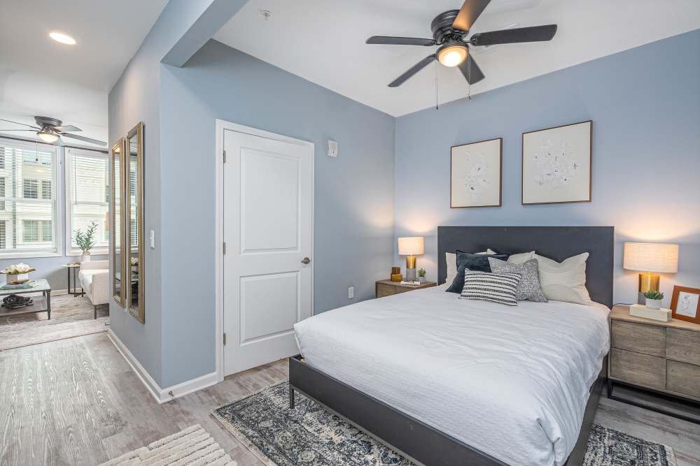 Bedroom with ceiling fan at The Addie in Savannah, Georgia