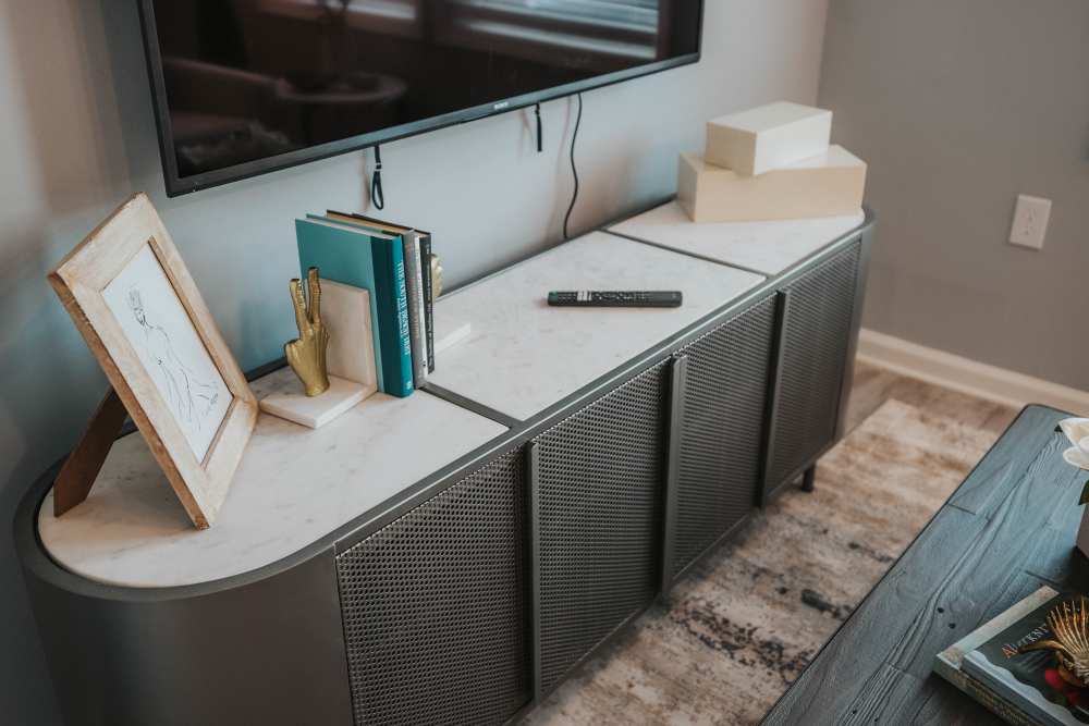 Entertainment station in the living room of a model home at The Addie in Savannah, Georgia