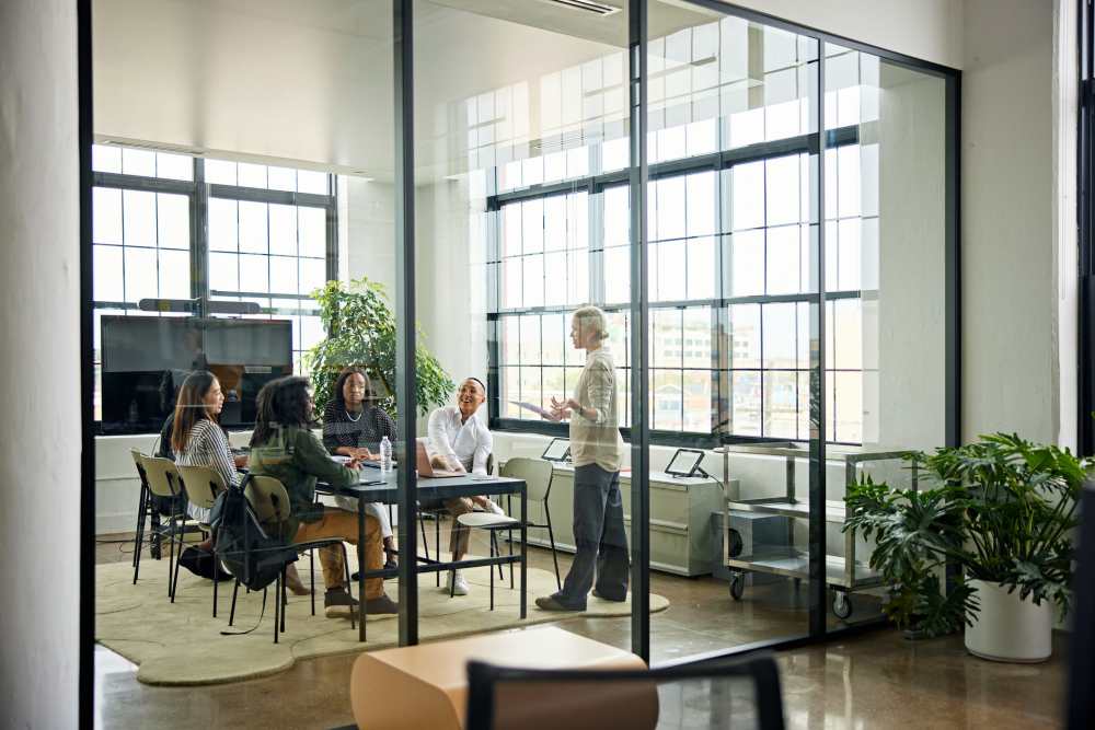 Coworkers sharing an office space at Workhouse at Union Terminal in Jacksonville, Florida
