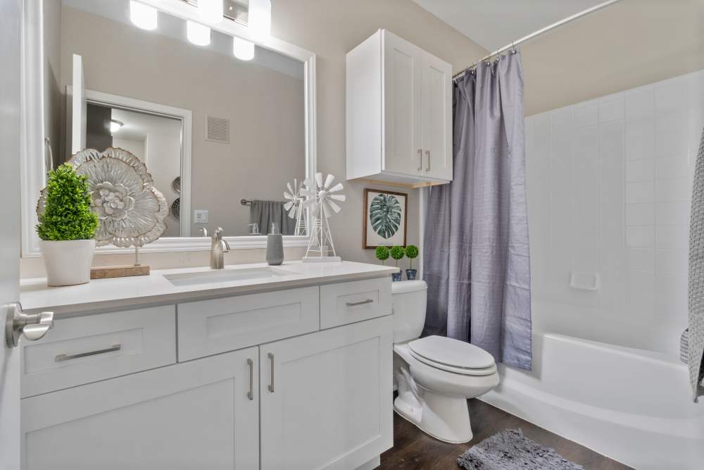 Bright bathroom with shower and tub at Flatiron District at Austin Ranch in The Colony, Texas