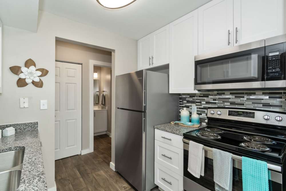 Modern kitchen with stainless steel appliances and tile backsplash at Parkside at Castleton Square in Indianapolis, Indiana