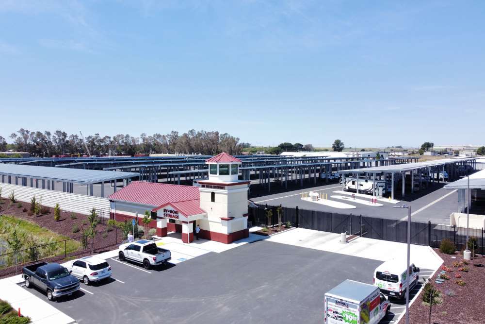 Arial view of  the front office at Rio Vista Executive RV and Boat Storage in Rio Vista, California. 