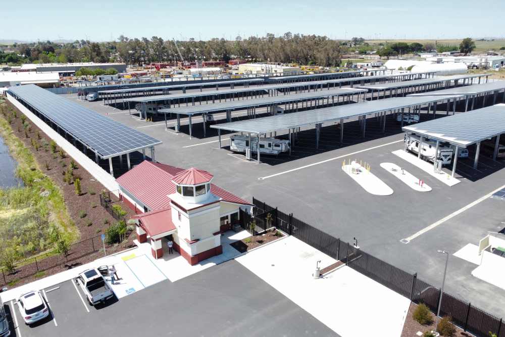 Drone image of RV storage at Rio Vista Executive RV and Boat Storage in Rio Vista, California. 