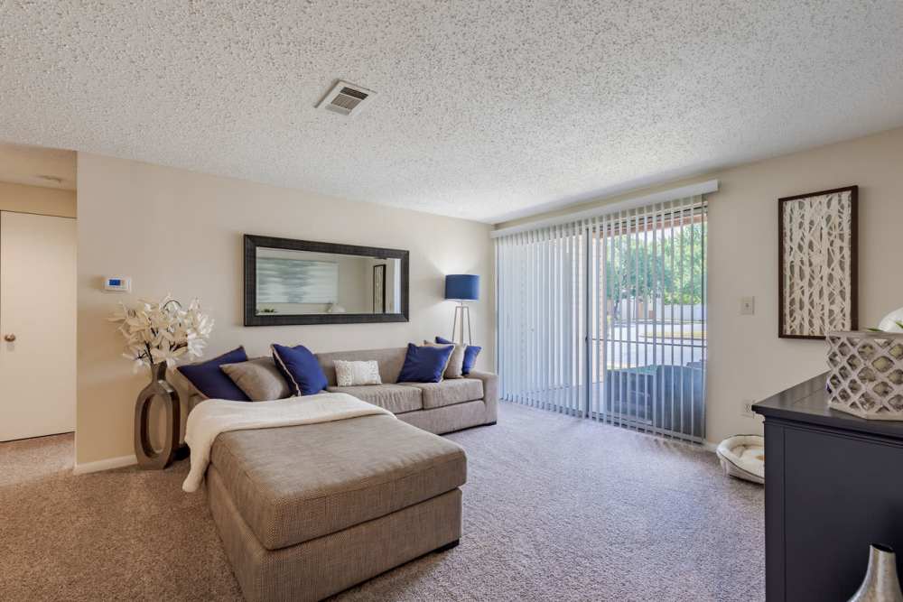 A living room with a couch and a dog bed at Kingscrest Apartments in Frederick, Maryland