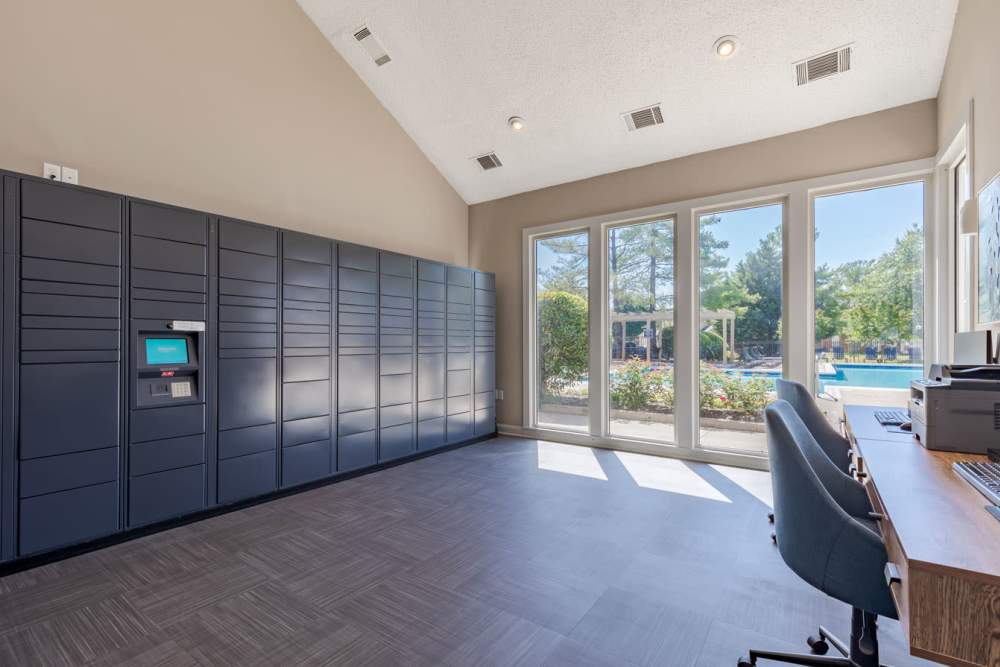 A room with lockers and a couch at Kingscrest Apartments in Frederick, Maryland