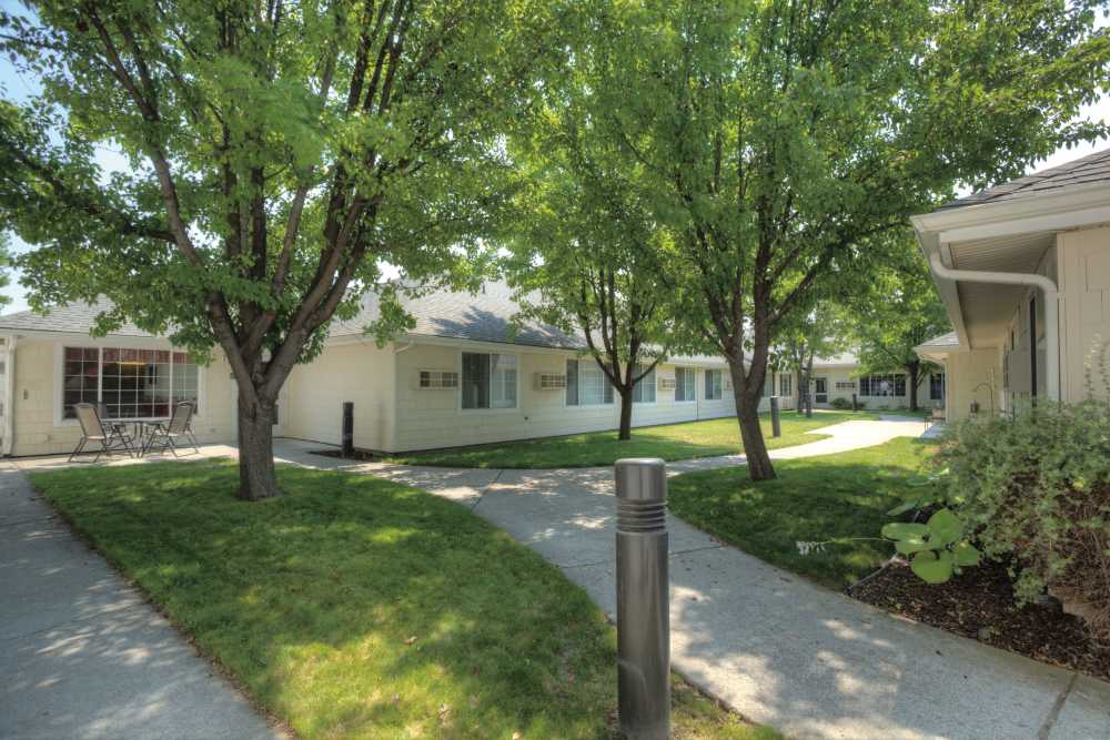 Courtyard walking paths at Eagle Springs Memory Care in College Place, Washington