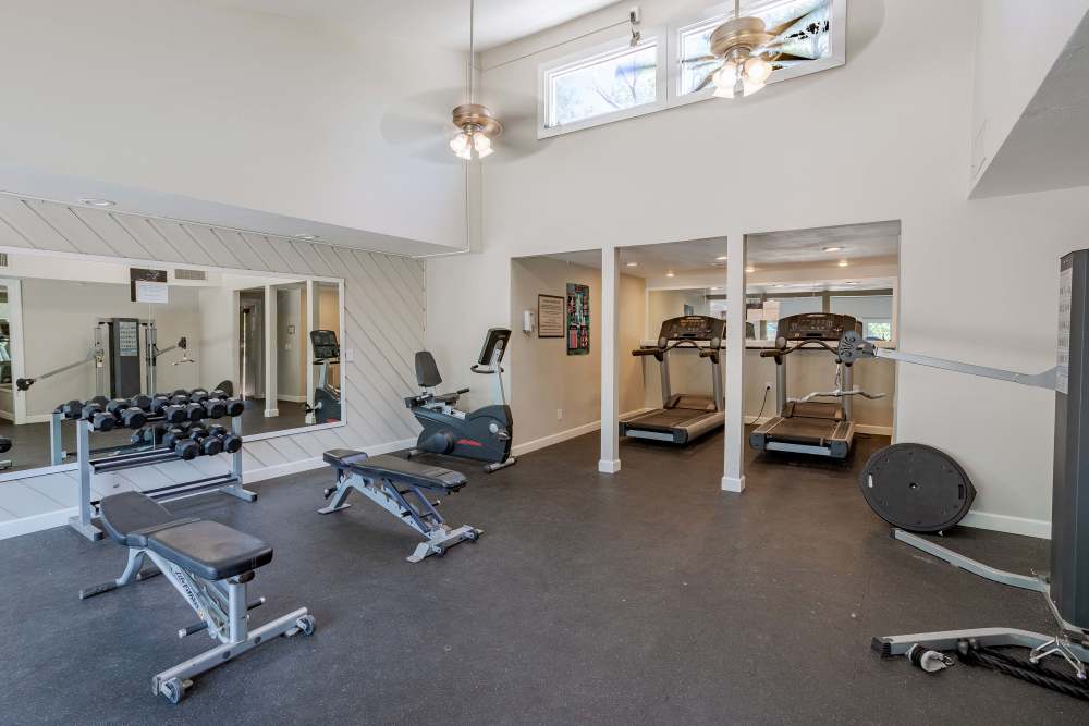 Fully Equipped Fitness Center with High Ceiling at The Knolls at Sweetgrass Apartment Homes in Colorado Springs, Colorado.