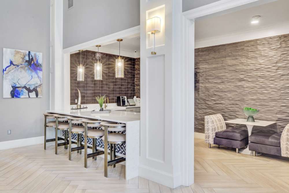 Bar seating in lobby Villas at Old Concord in Billerica, Massachusetts