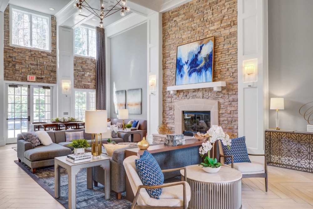 Lobby with fireplace Villas at Old Concord in Billerica, Massachusetts