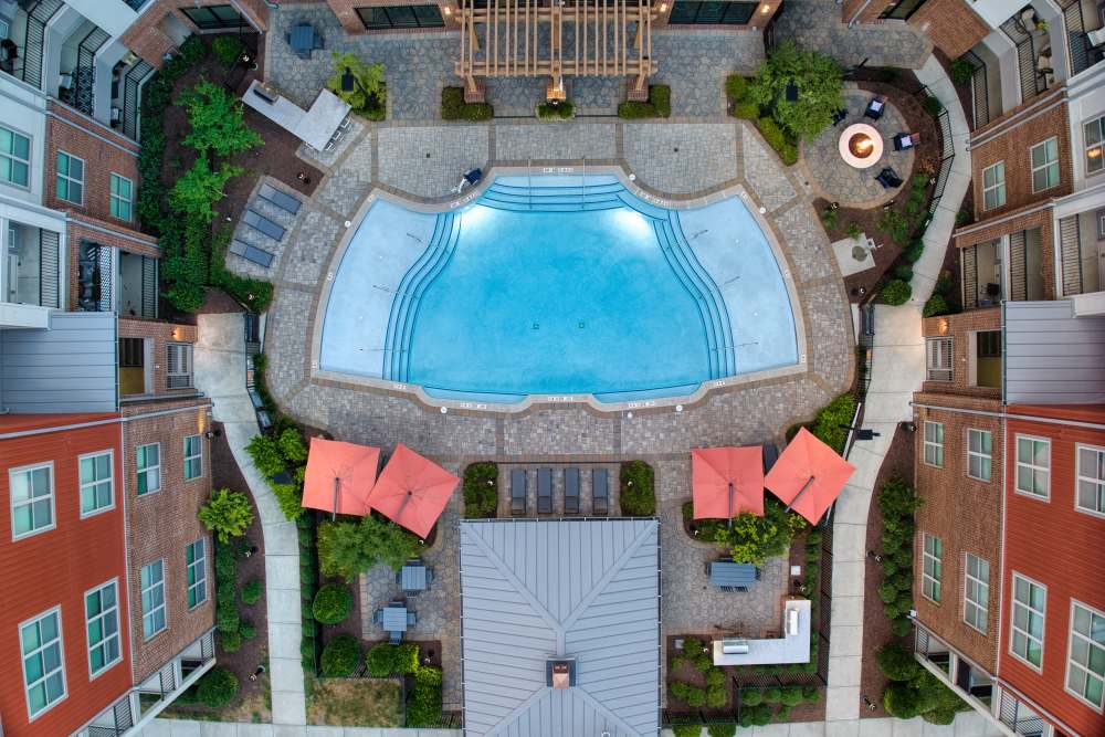 Aerial view of pool at The District in Asheville, North Carolina