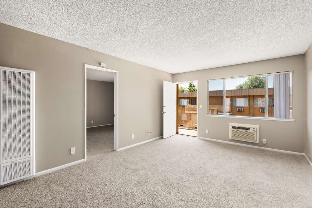 Open layout living room with plush carpeting and windows at Reseda Village Green in Reseda, California