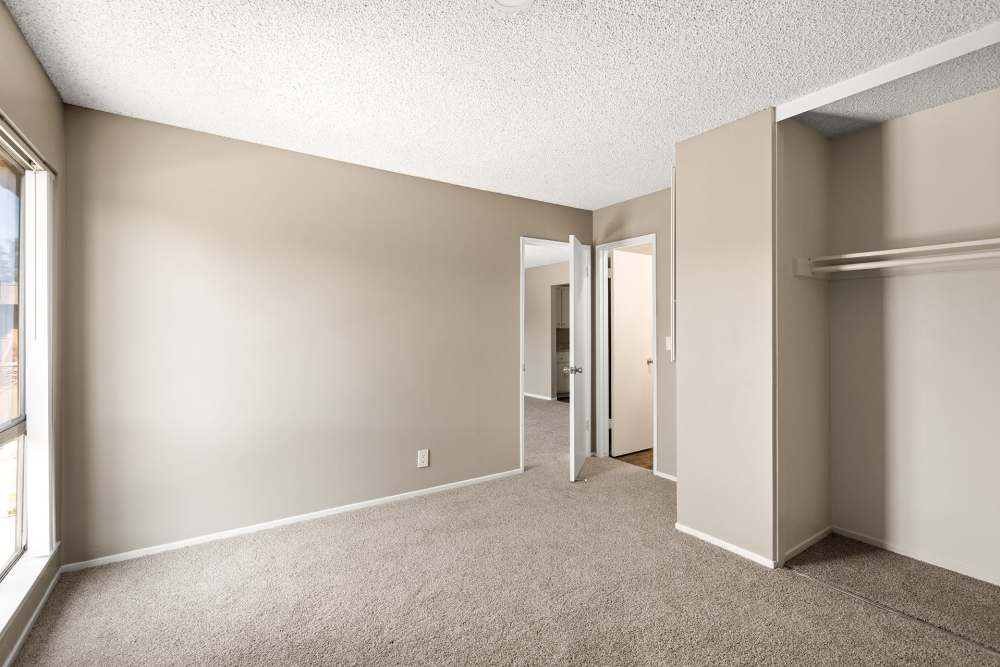 Well-lit bedroom with large window at Reseda Village Green in Reseda, California