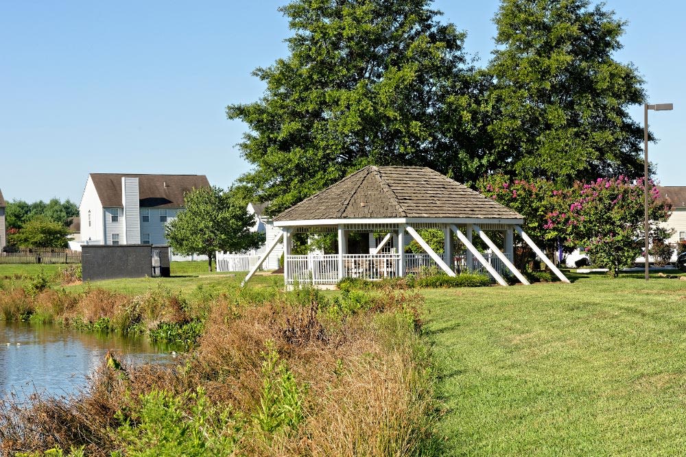Gazebo and scenic pond at Cannon Mills & Westover in Dover, Delaware