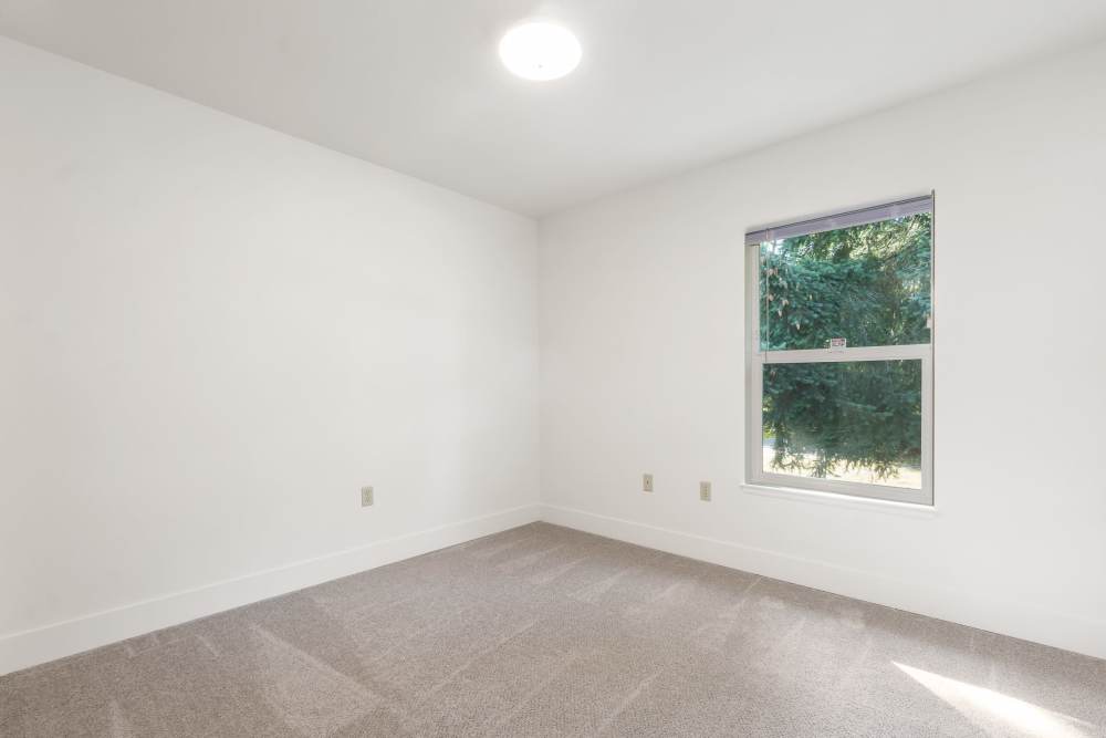 Large bedroom with carpet and window