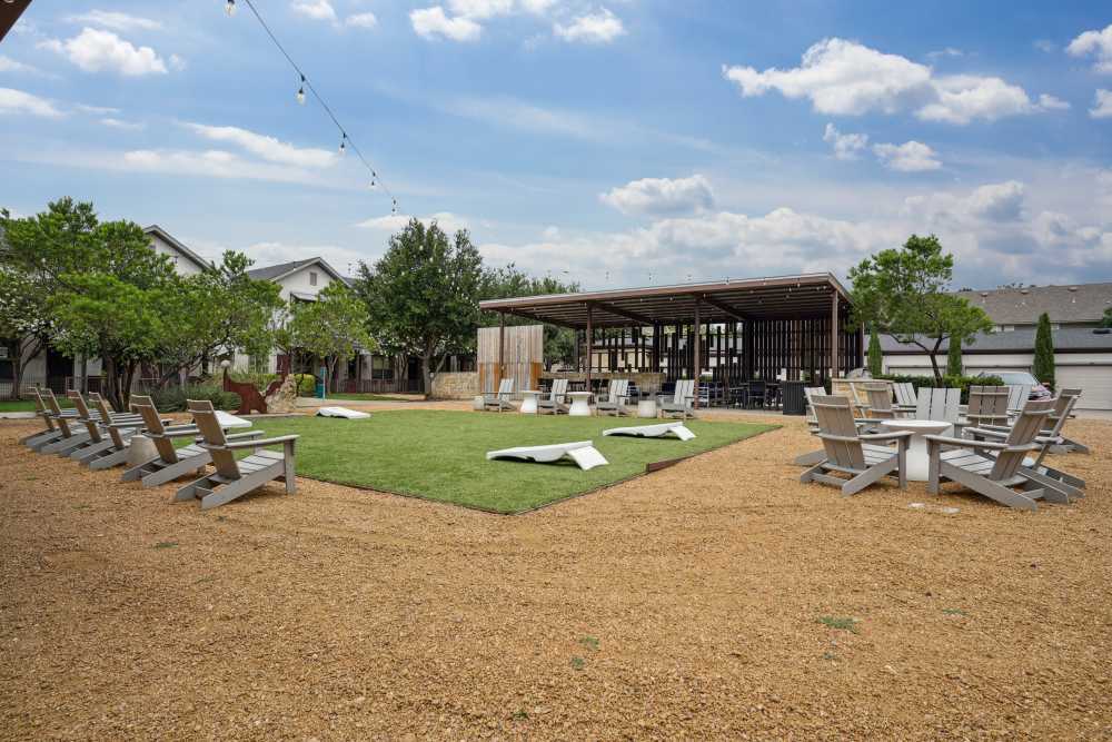 Outdoor lounge chairs at Flatiron District at Austin Ranch in The Colony, Texas