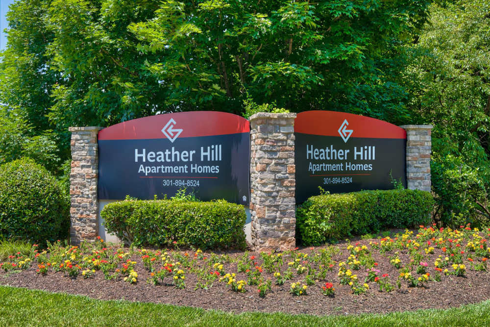 Property monument sign at Heather Hill Apartments in Temple Hills, Maryland