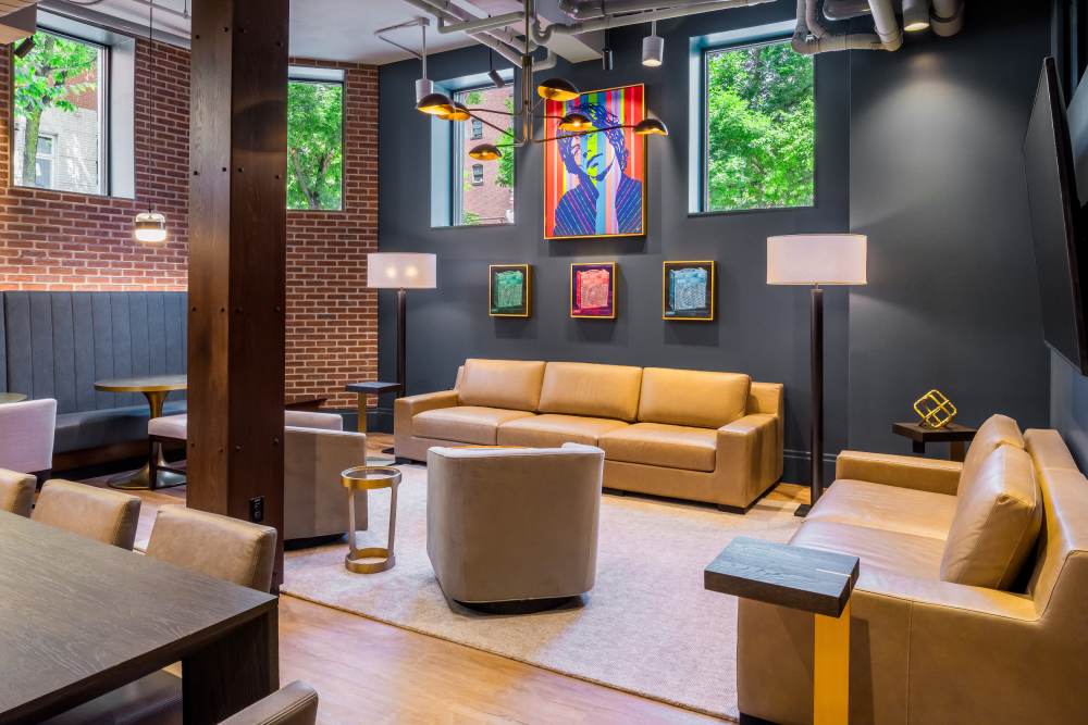 Comfortable couches in the clubhouse at Atrio Boston in Boston, Massachusetts