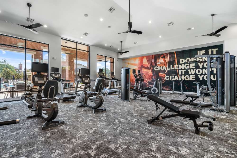 A fitness center with exercise bikes at San Cierra in Houston, Texas
