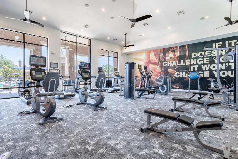A fitness center with exercise bikes at San Cierra in Houston, Texas