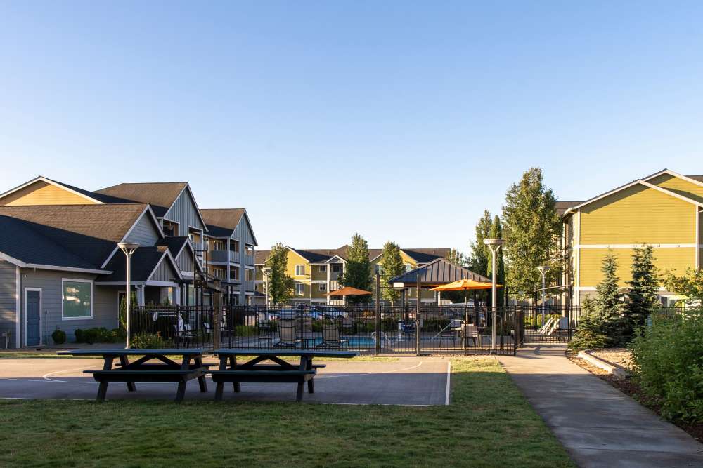 Picnic tables at Rock Creek Commons in Vancouver, Washington