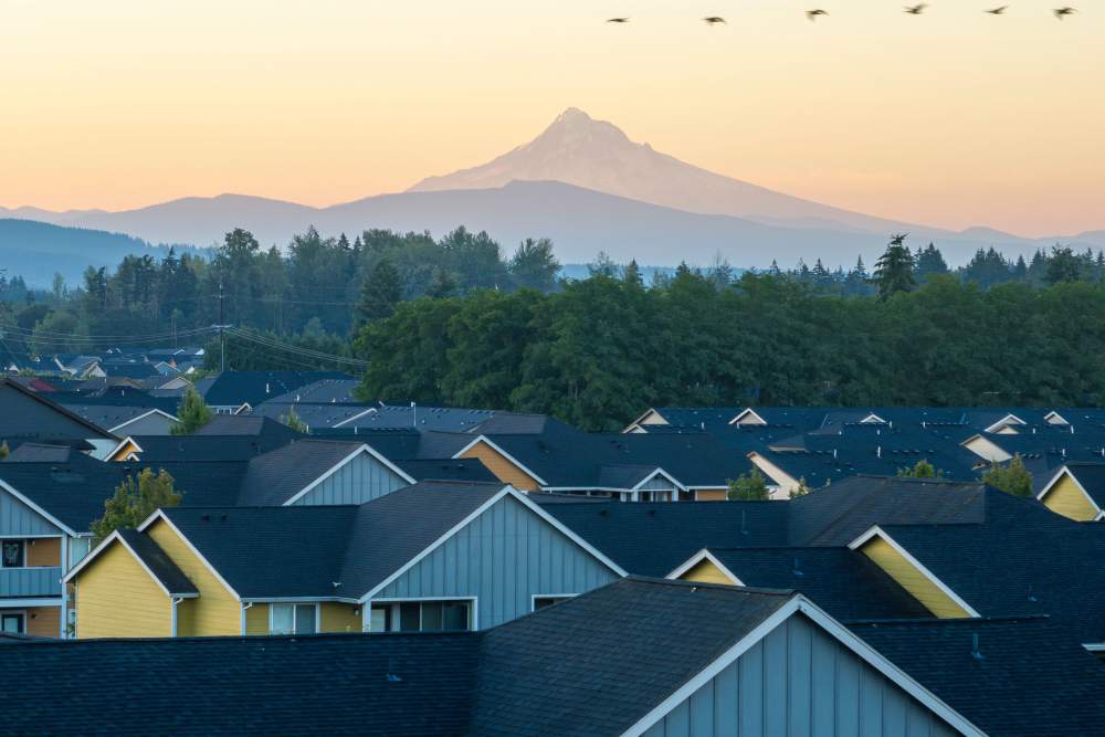 View of mountain in the distance with Rock Creek Commons in Vancouver, Washington in the foreground.