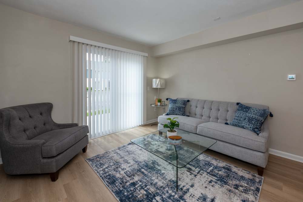 Carpeted living room at Attain at Chic’s Beach, Virginia Beach, Virginia