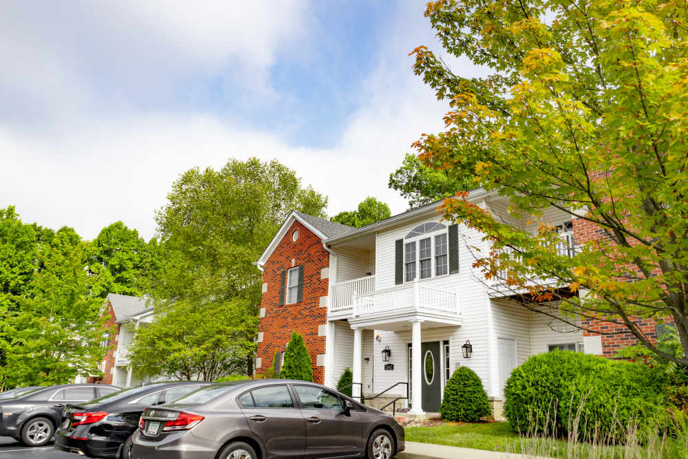 Front entrance with parking lot at Forest Ridge in Bloomington, Indiana, 