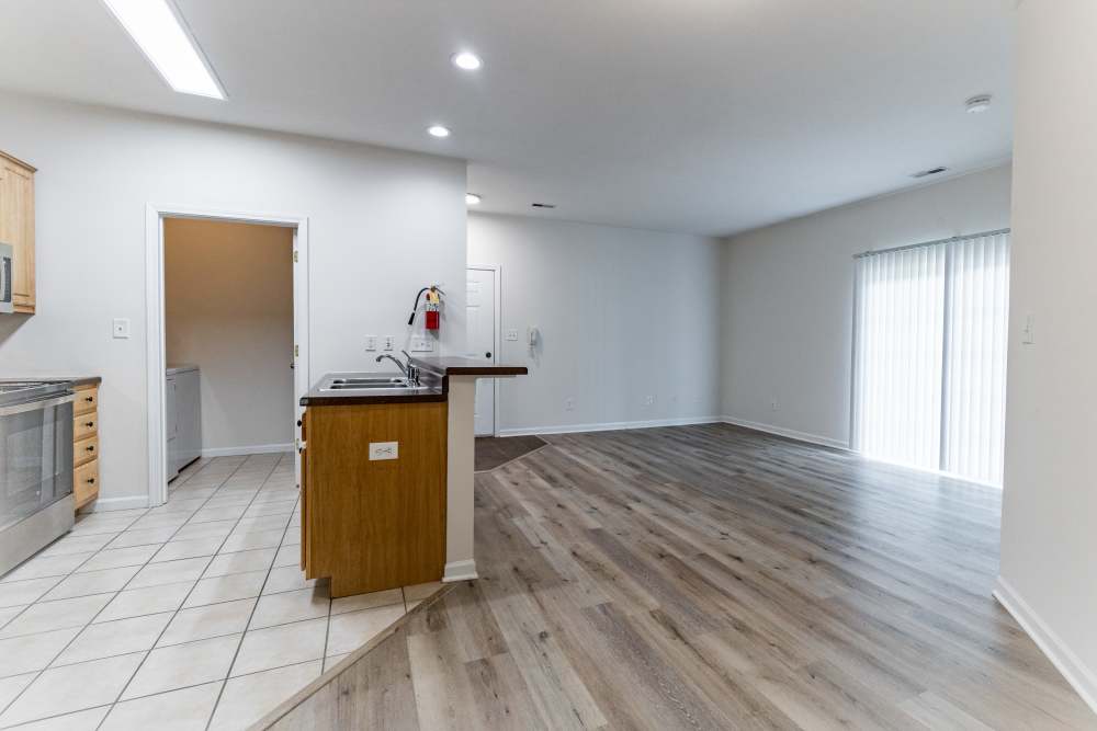 Wide angle of open layout kitchen at Forest Ridge in Bloomington, Indiana, 